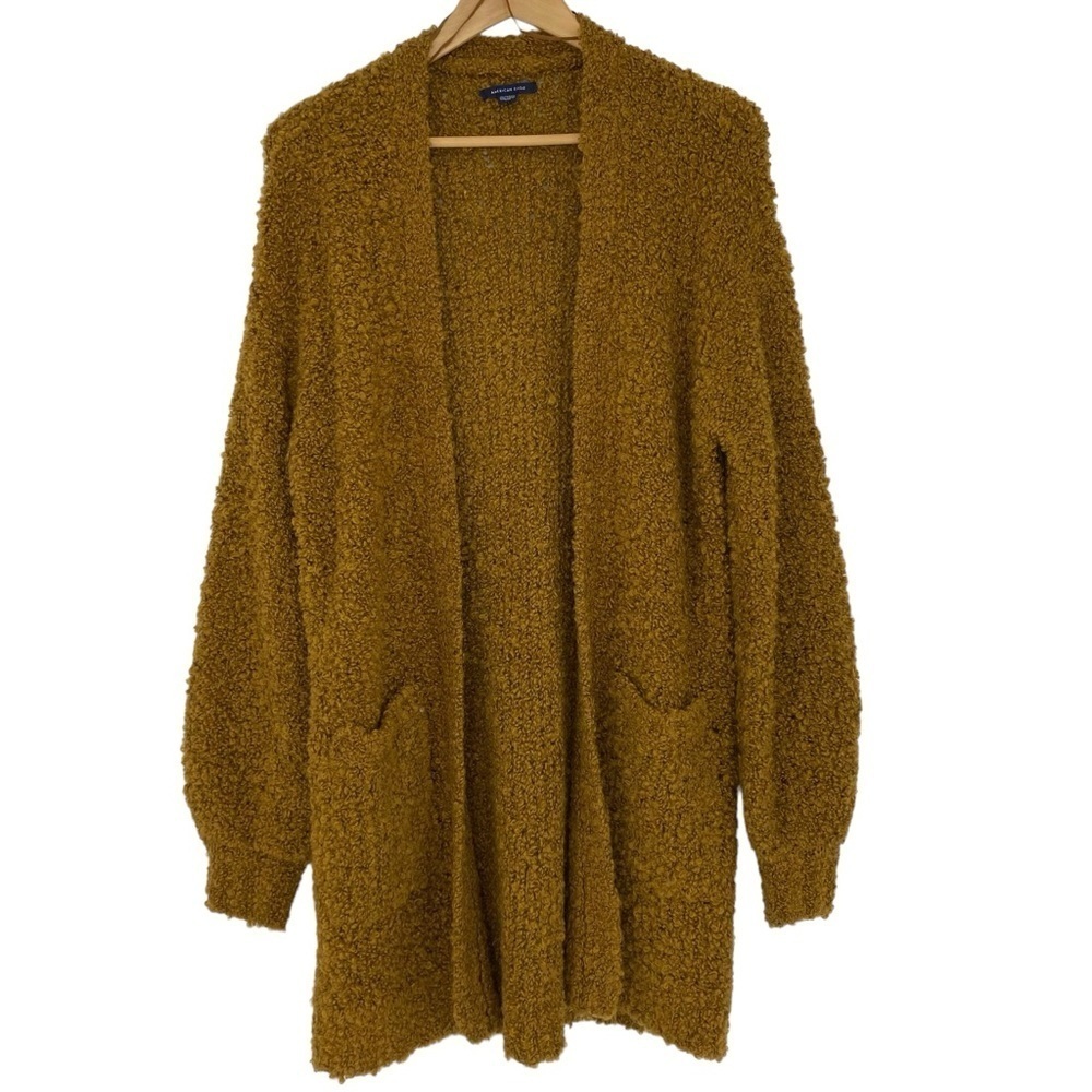 AE brown teddy bear soft fleece long pocketed cardigan wms sz XS